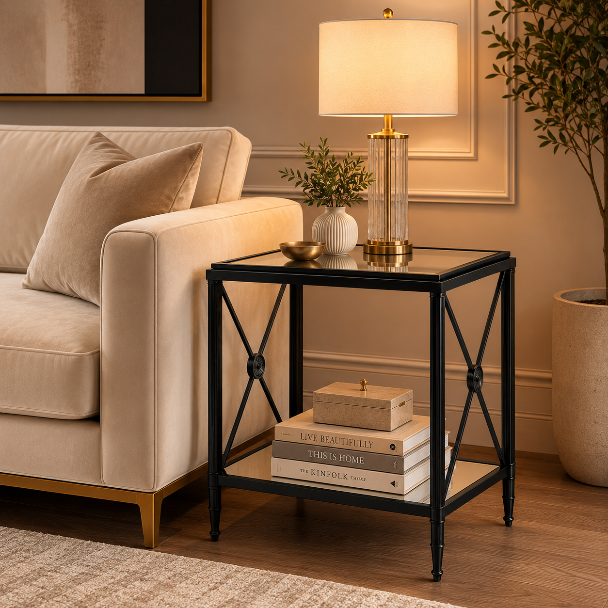 Black empire style sofa table net to a cream sofa in a warmly lit room.