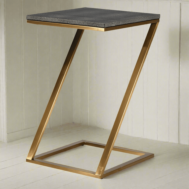 Faux shagreen covered side table, the green top contrasting beautifully with the brushed gilt legs in a 'Z' shape. Adding a luxurious feel to any room. 