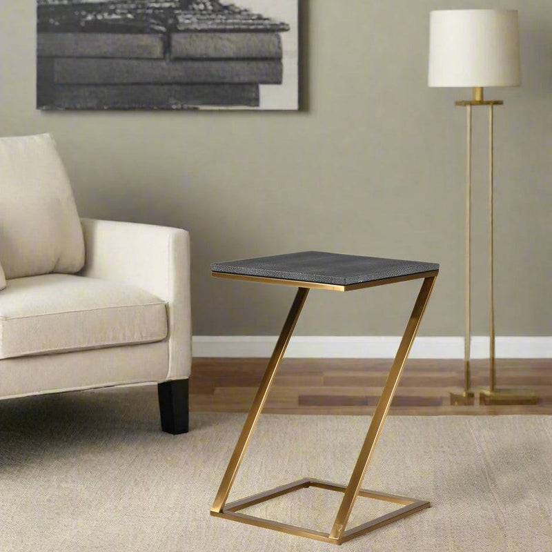 Faux shagreen covered side table, the green top contrasting beautifully with the brushed gilt legs in a 'Z' shape. Adding a luxurious feel to any room. 