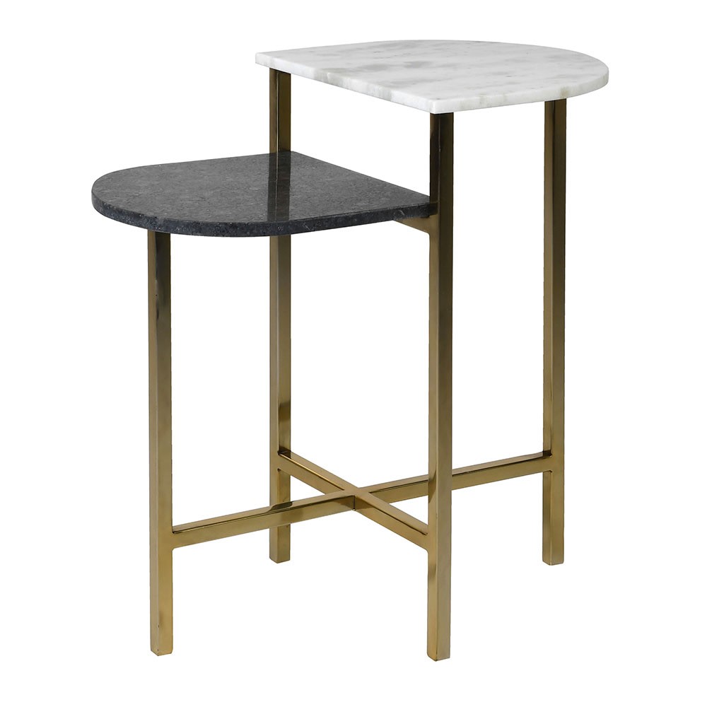 Exceptional quality black and white dual side table. A really unusual, but so useful, side table with 2 marble tops one above the other set on a beautiful polished gilt base, Either as an end table or bedside this piece will lift any interior.
