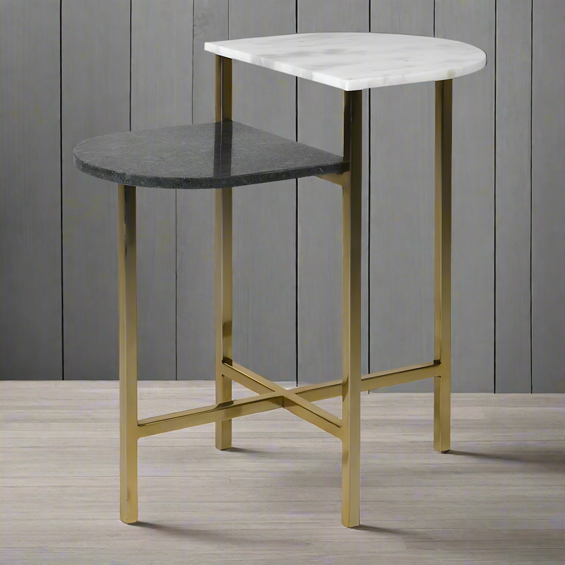 Exceptional quality black and white dual side table. A really unusual, but so useful, side table with 2 marble tops one above the other set on a beautiful polished gilt base, Either as an end table or bedside this piece will lift any interior.

