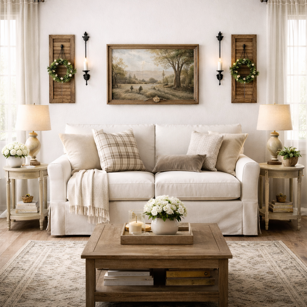 Cozy living room with a white sofa, wooden coffee table, and decorative elements.