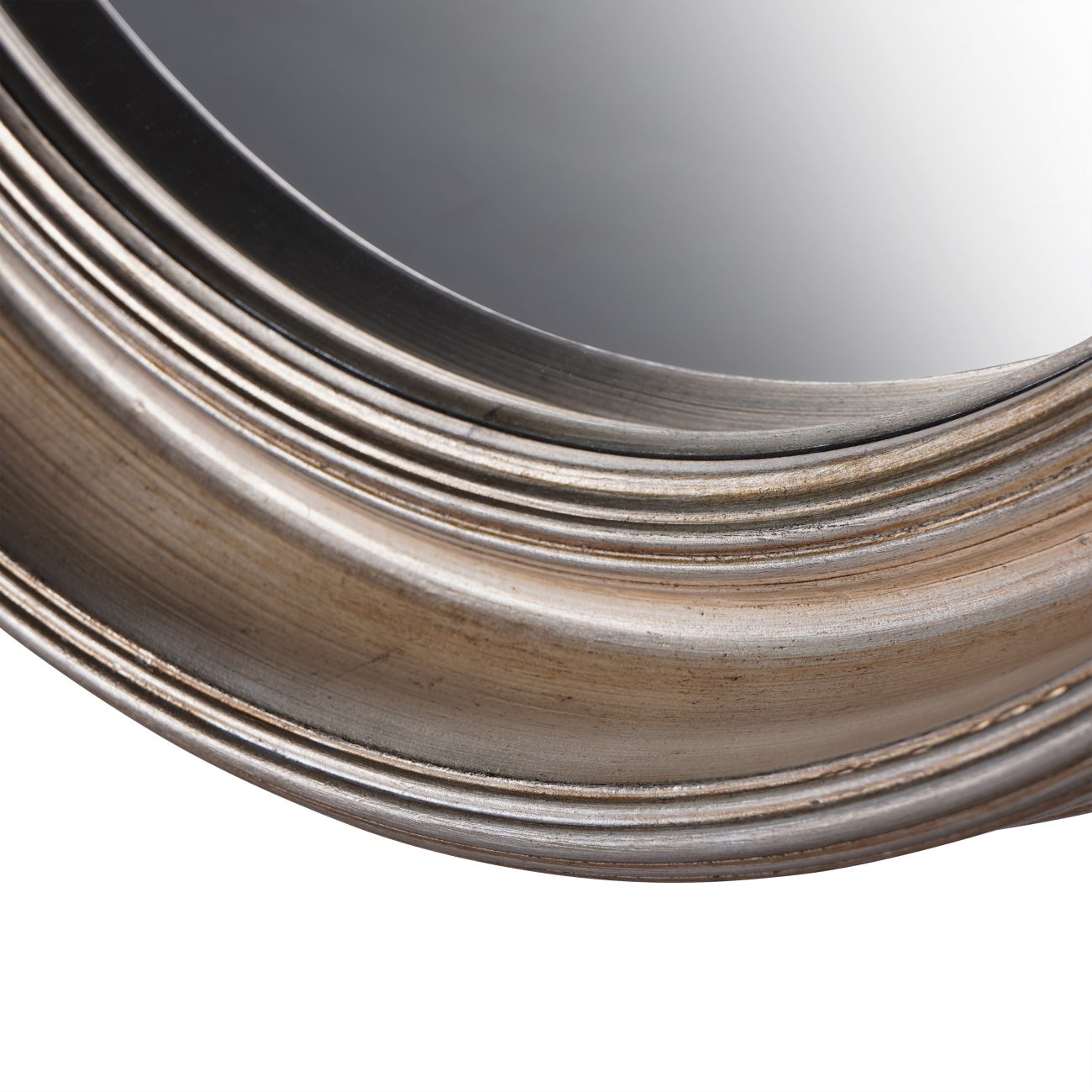 Detail of the depth and grooves on large silver convex mirror, on neutral background