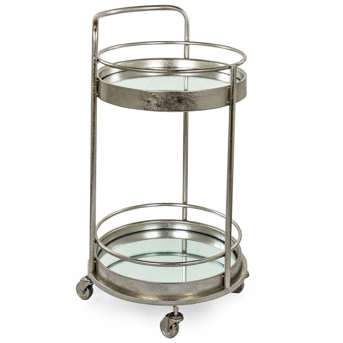 A smaller round silver metal drinks trolley with mirrored shelves on a white background