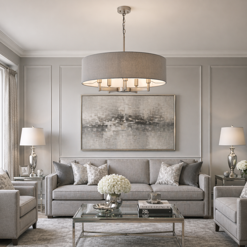 Large, grey linen pendant in a silver grey sitting sitting room setting with sofa, tables and lighting.