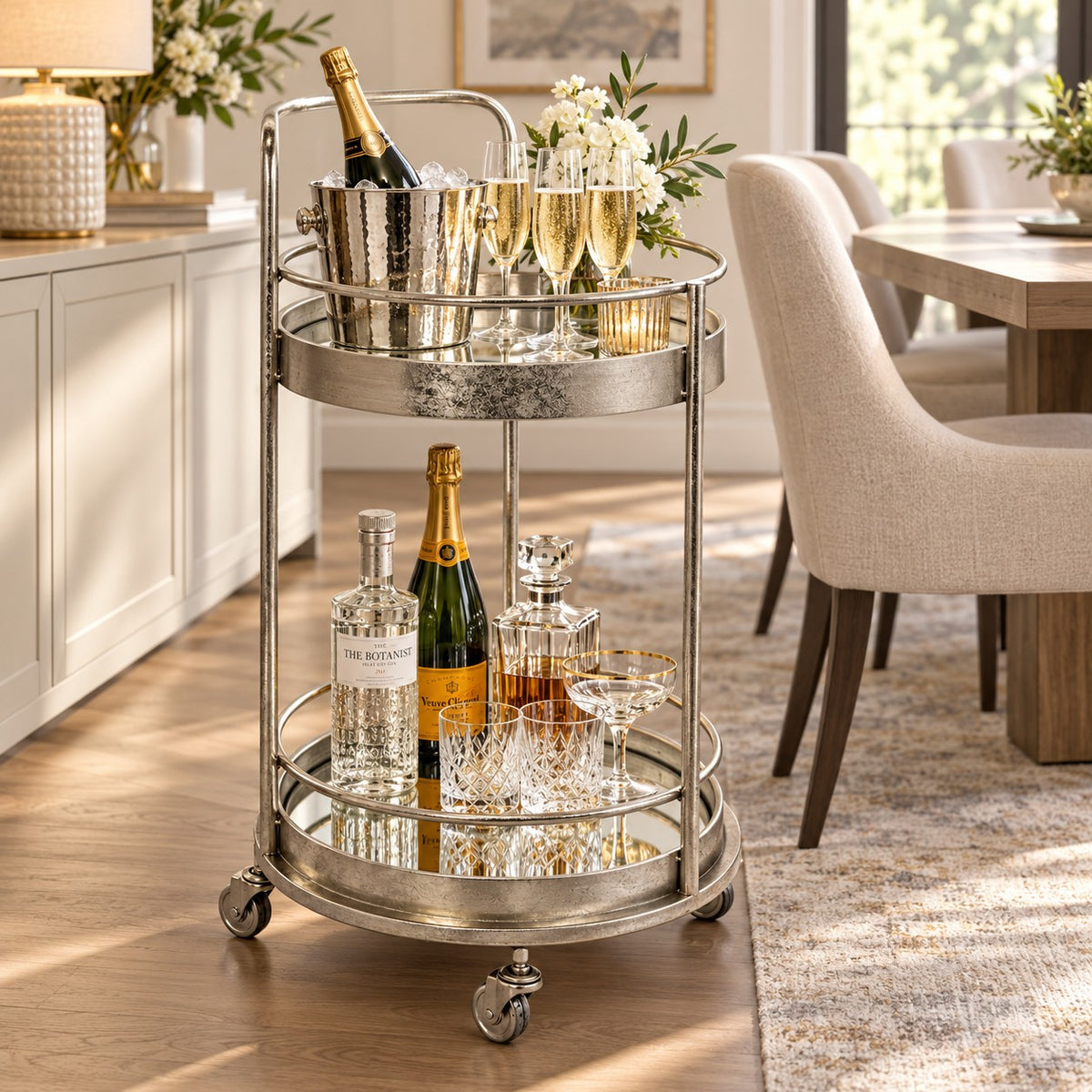 A two-tier round bar cart with mirrored glass trays and a silver metal frame, styled with champagne bottles, flutes, and glasses in a bright dining room.