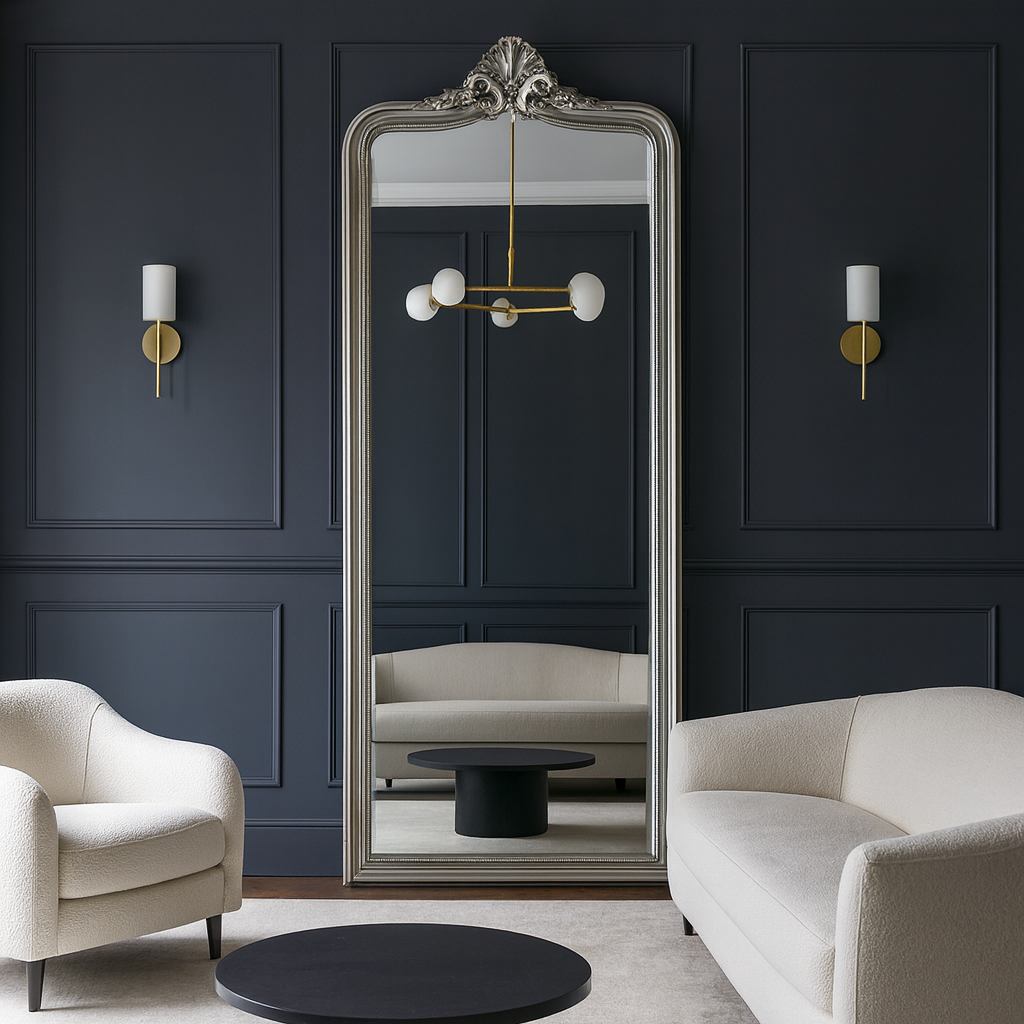 Extra large silver leaner mirror in a living room