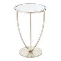 Silver round side table with mirrored top and curved metal legs.
