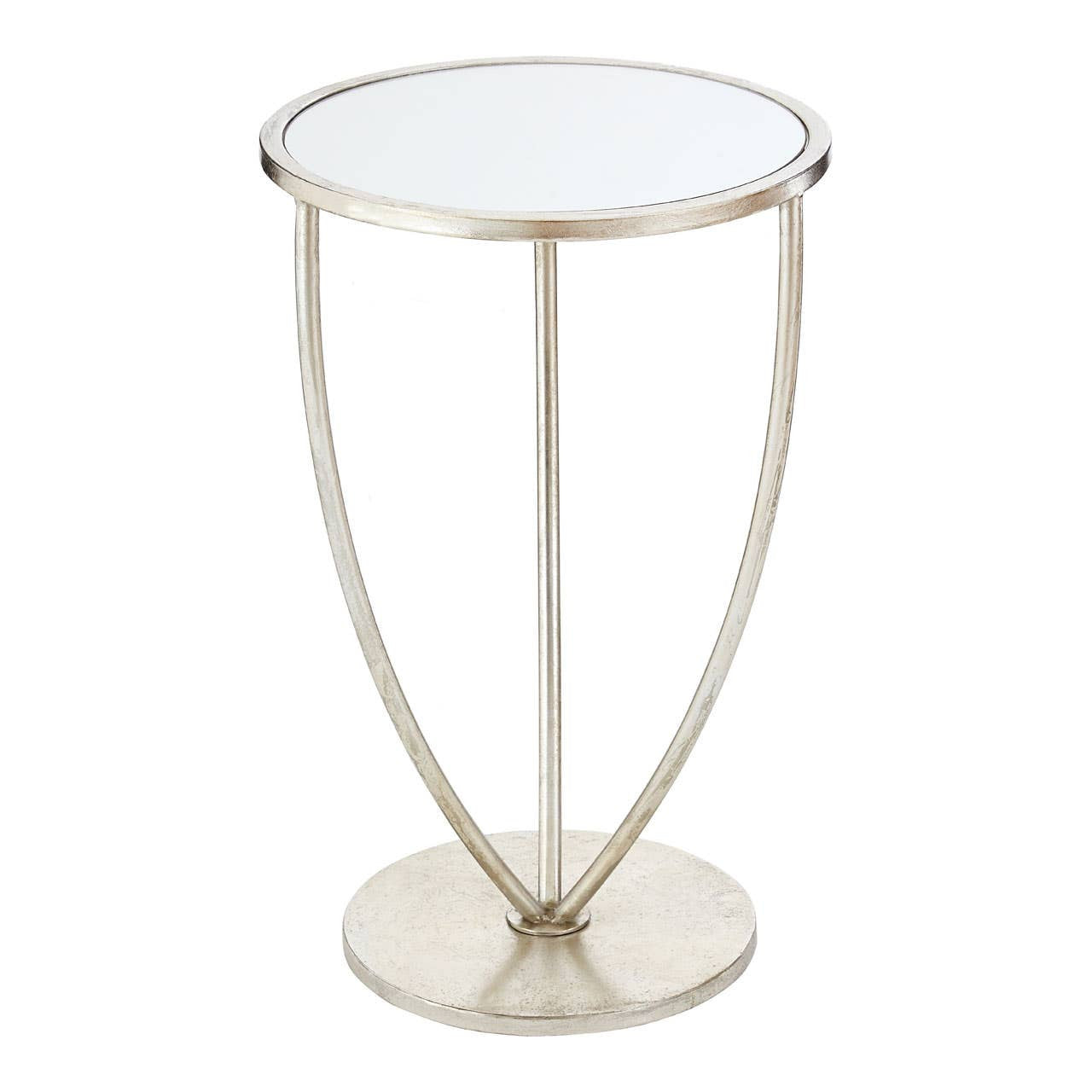 Silver round side table with mirrored top and curved metal legs.