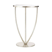 Silver round side table with mirrored top and curved metal legs.