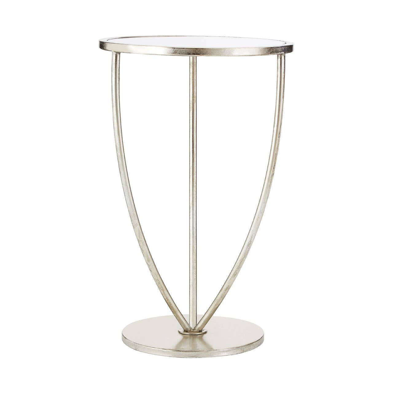 Silver round side table with mirrored top and curved metal legs.