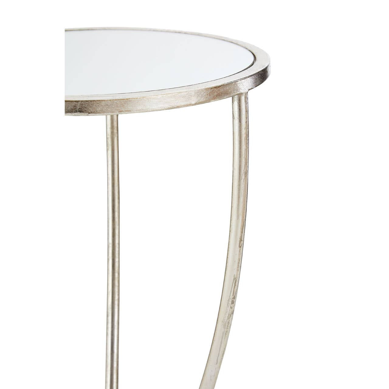 Silver round side table with mirrored top and curved metal legs.