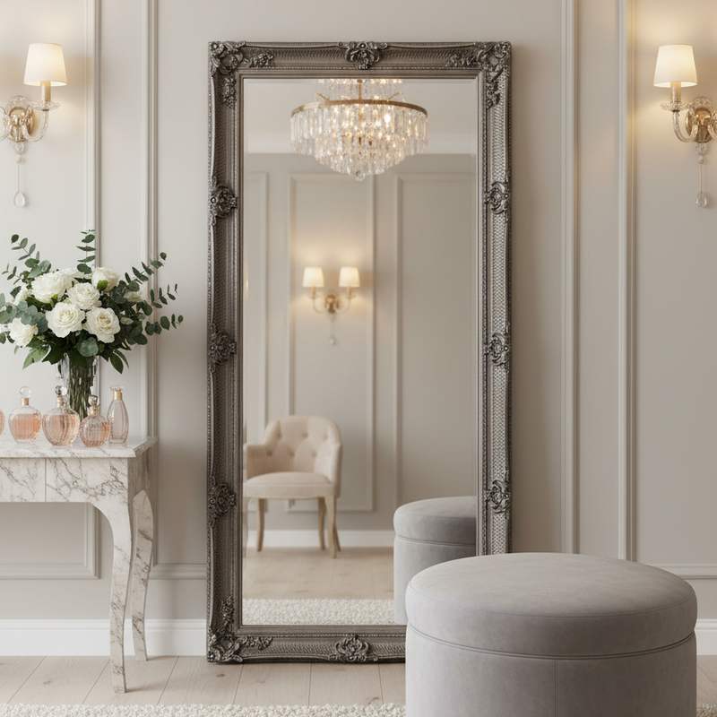 Silver Rococo leaner mirror in a dressing room