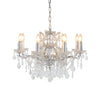 Silver shallow 8-arm crystal chandelier with cut-crystal droplets.