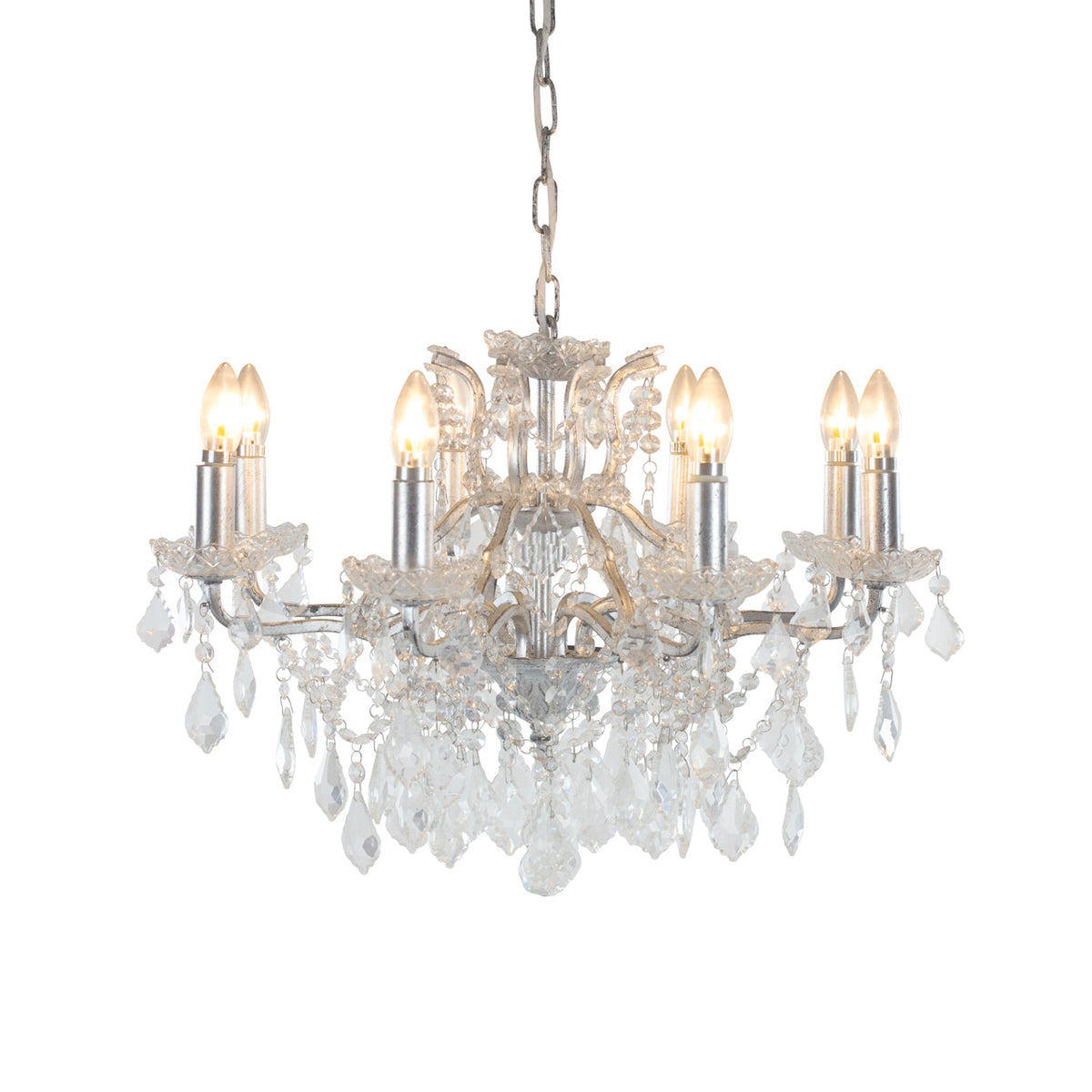 Silver shallow 8-arm crystal chandelier with cut-crystal droplets.