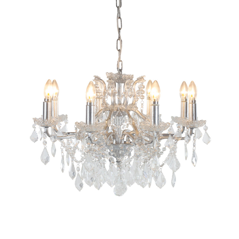 Silver shallow 8-arm crystal chandelier with cut-crystal droplets.