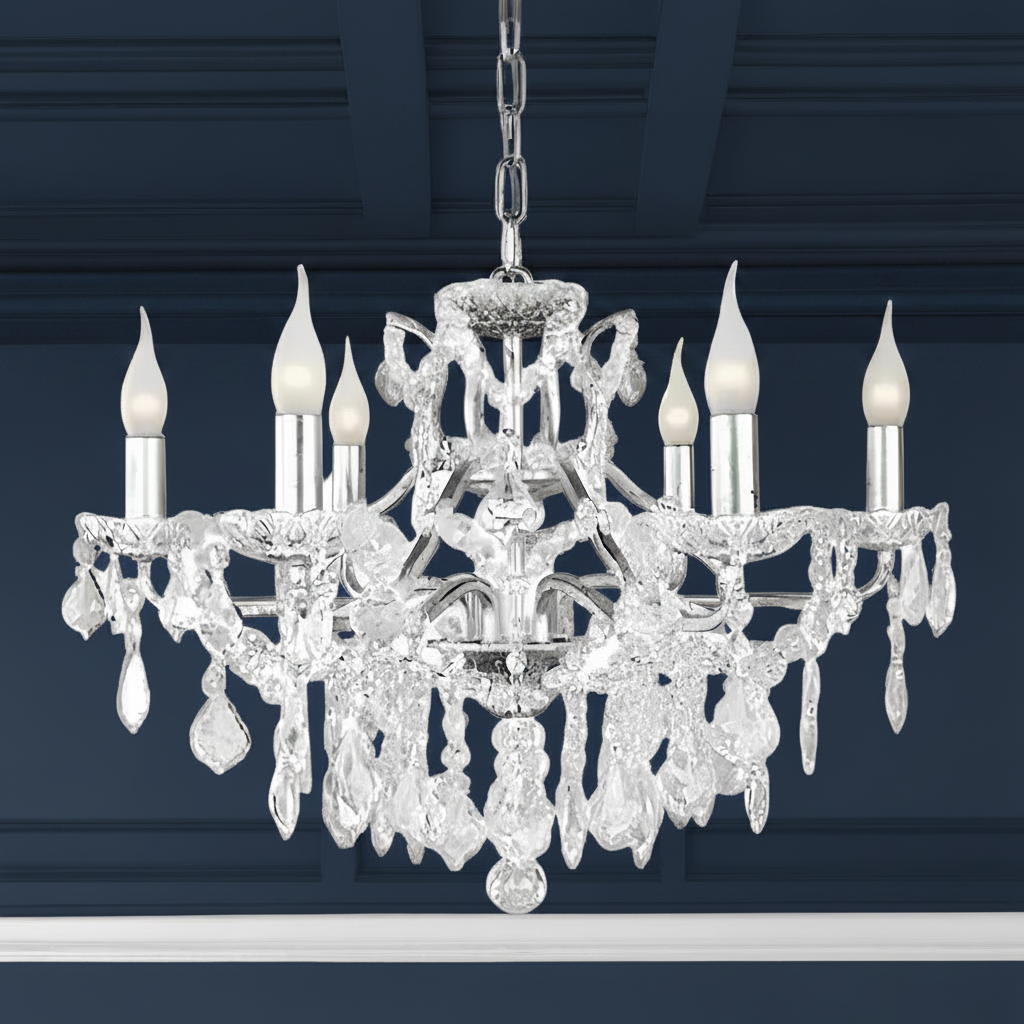 Six-arm brushed silver chandelier with crystal droplets and shallow basket design, suitable for low ceilings.