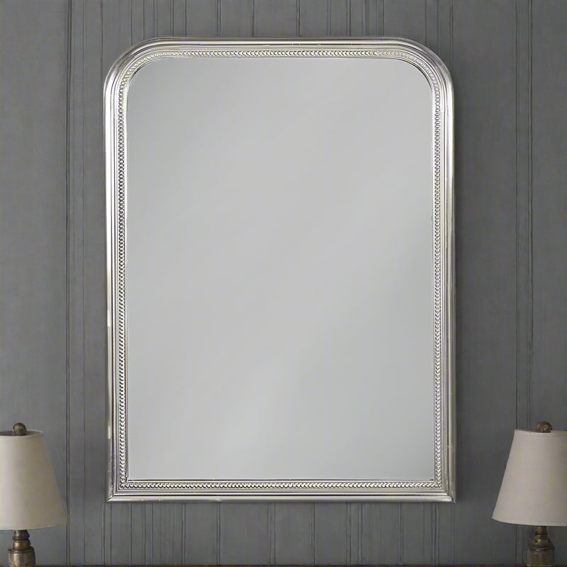 Silver painted beaded mirror, a perfect shape and size for an overmantle mirror or over a console in a hall, the beveled glass dispersing light in your space.