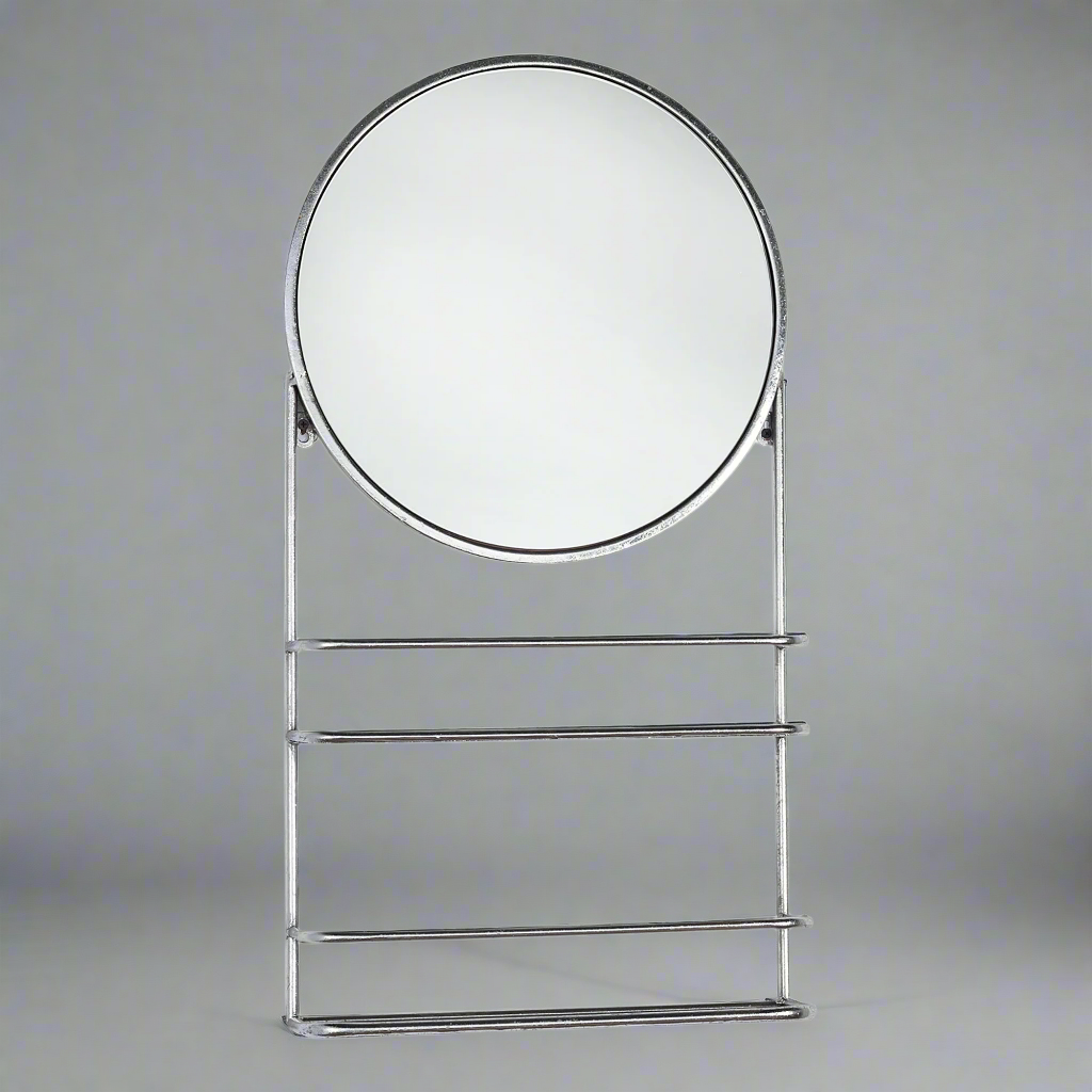 Silver shelf unit with a round mirror and three lower shelves, positioned against a grey background.