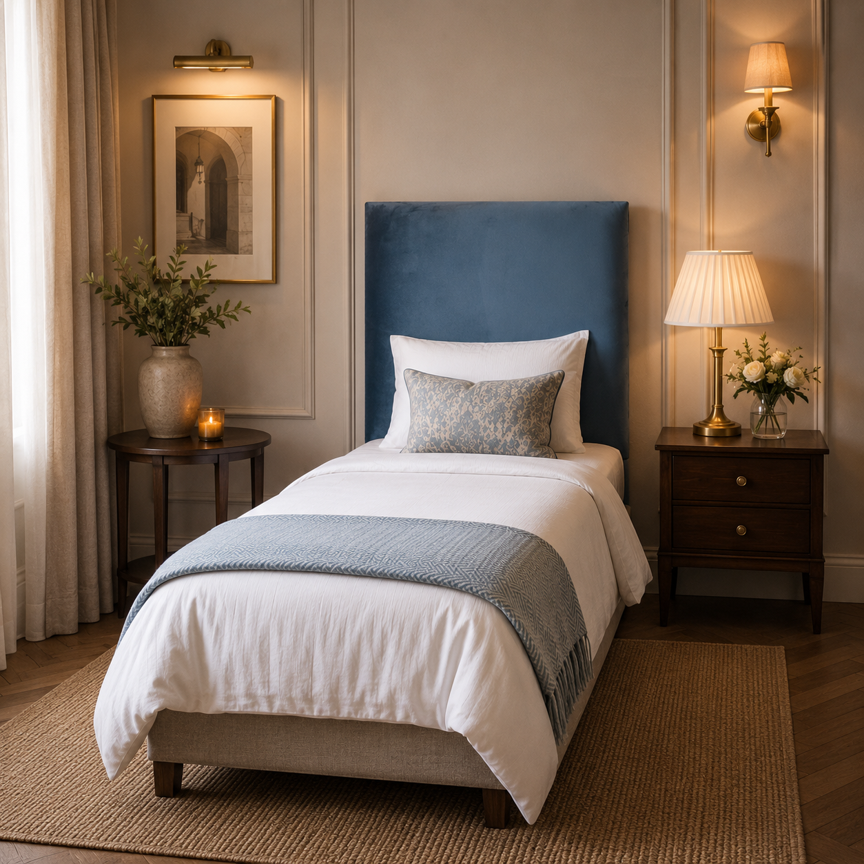 Teal velvet upholstered headboard in a cozy bedroom