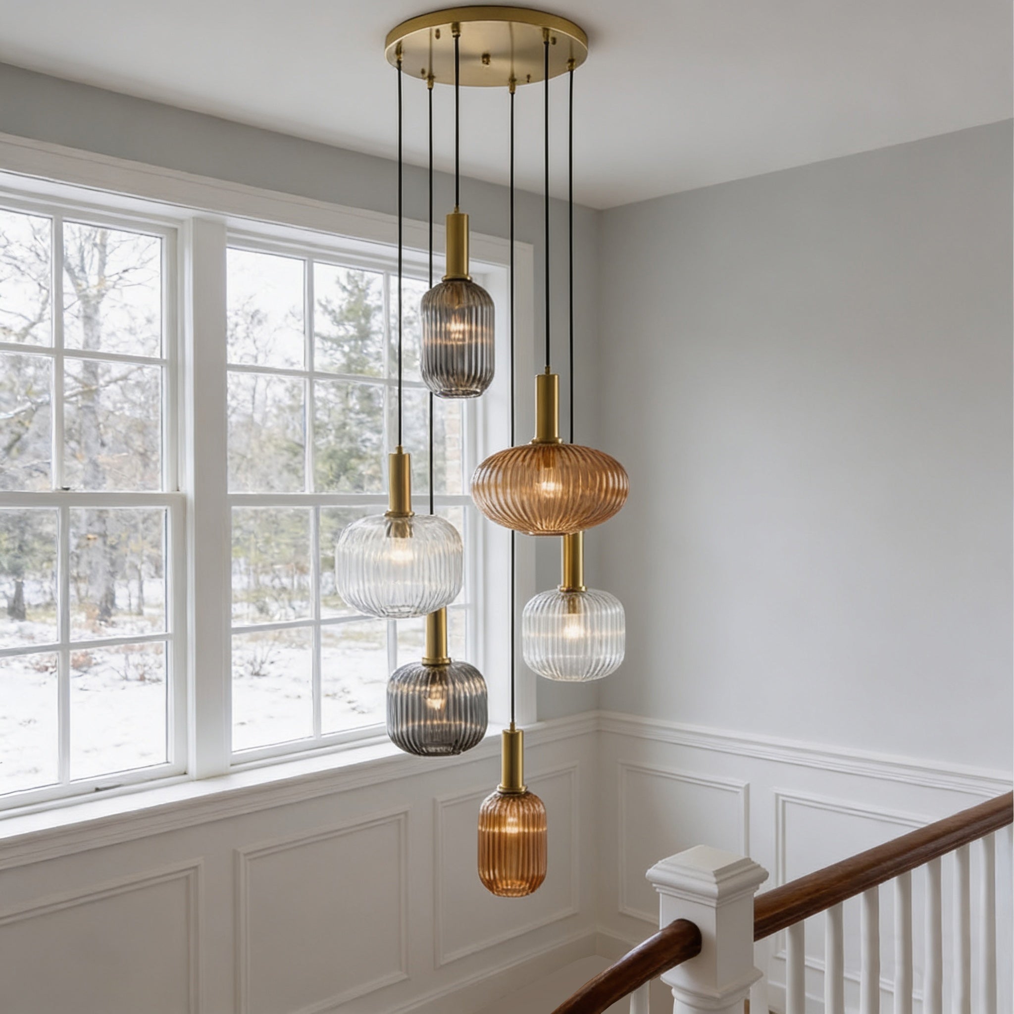 This six-globe ribbed glass cluster pendant adds a playful splash of colour and modern elegance to any space. Ideal for stairwells, dining rooms, or living areas