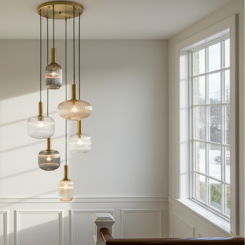 This six-globe ribbed glass cluster pendant adds a playful splash of colour and modern elegance to any space. Ideal for stairwells, dining rooms, or living areas
