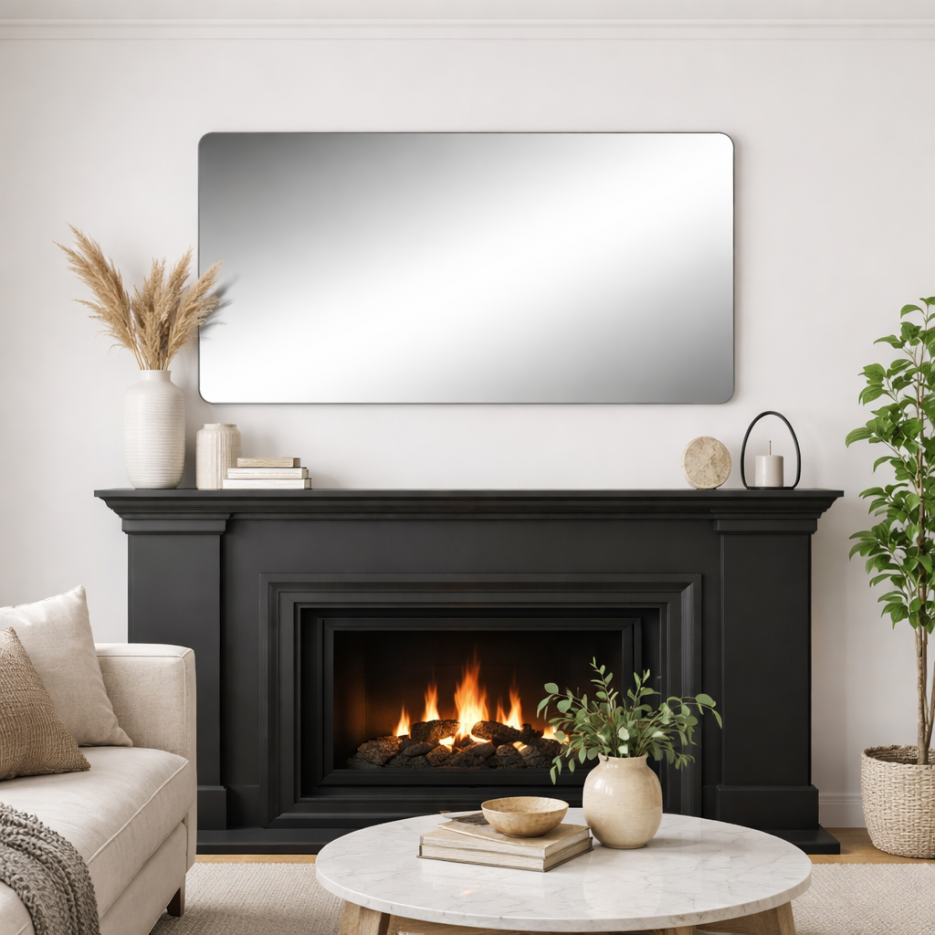 Horizontal, slimline mirror used as an overmantle in a contemporary room setting.