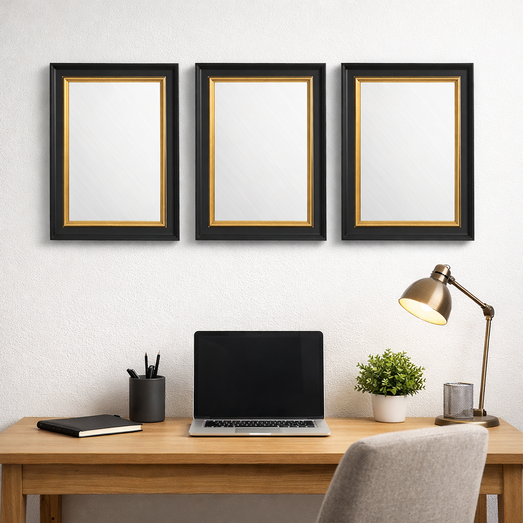 Three black and gold mirrors grouped in a home office above a desk in a modern setting.