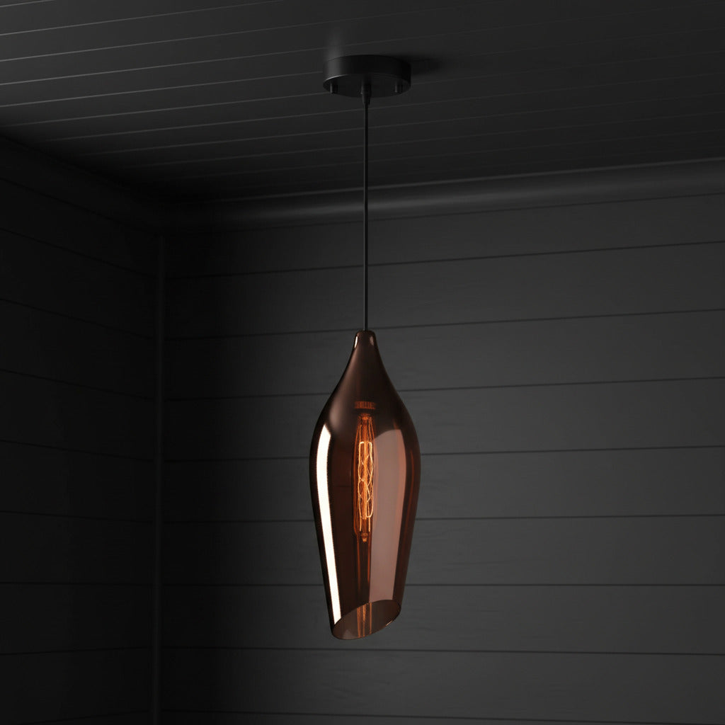 Long Aerial copper glass pendant , perfect island pendant. Long asymmetric design contemporary. These jewelled coloured lights are perfect over a kitchen island.