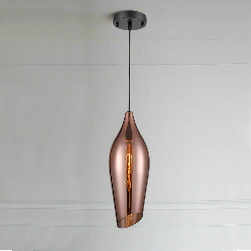 Long Aerial copper glass pendant , perfect island pendant. Long asymmetric design contemporary. These jewelled coloured lights are perfect over a kitchen island.