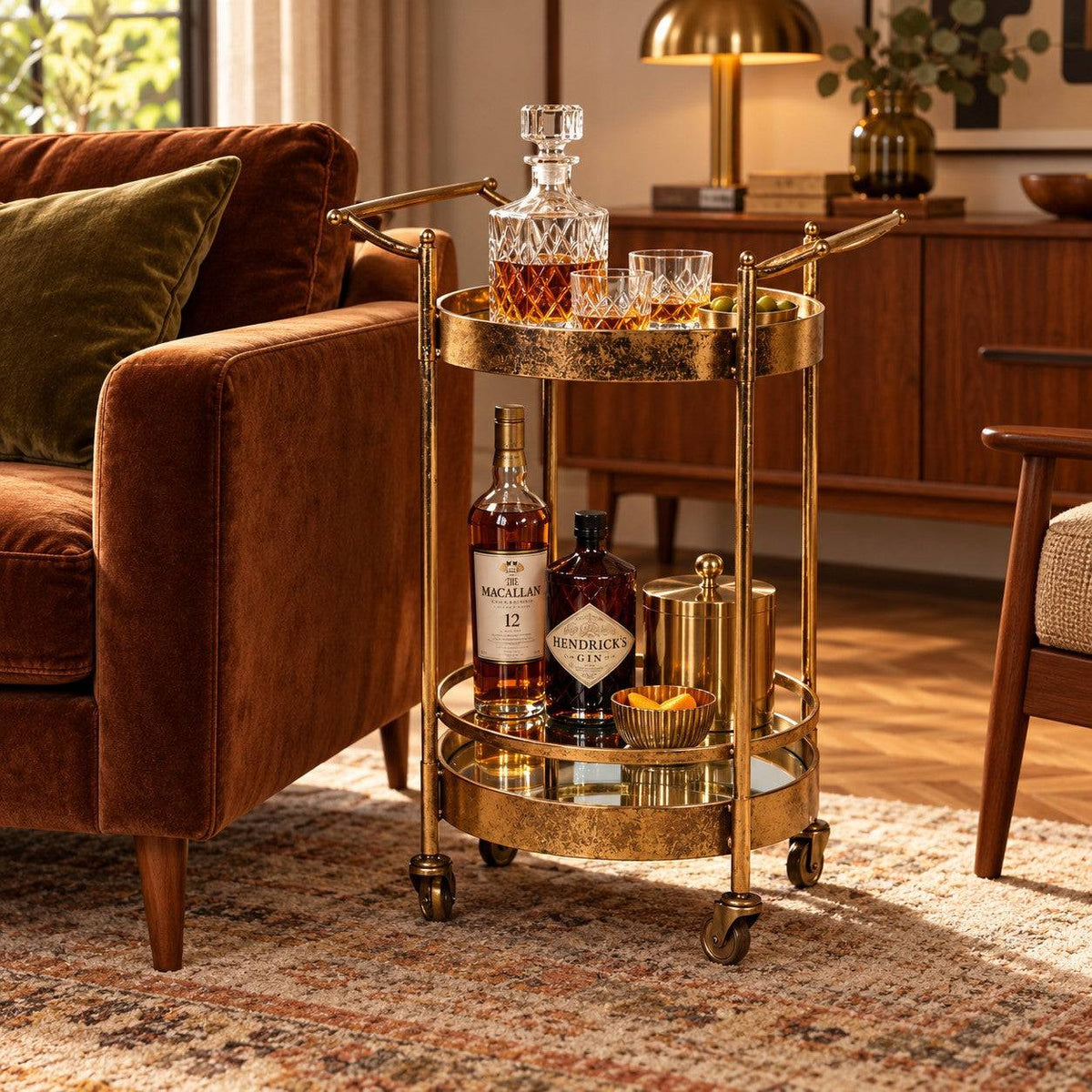 A two-tier gold bar cart with a mirrored glass tray, styled in a cozy living room next to a brown velvet armchair. 