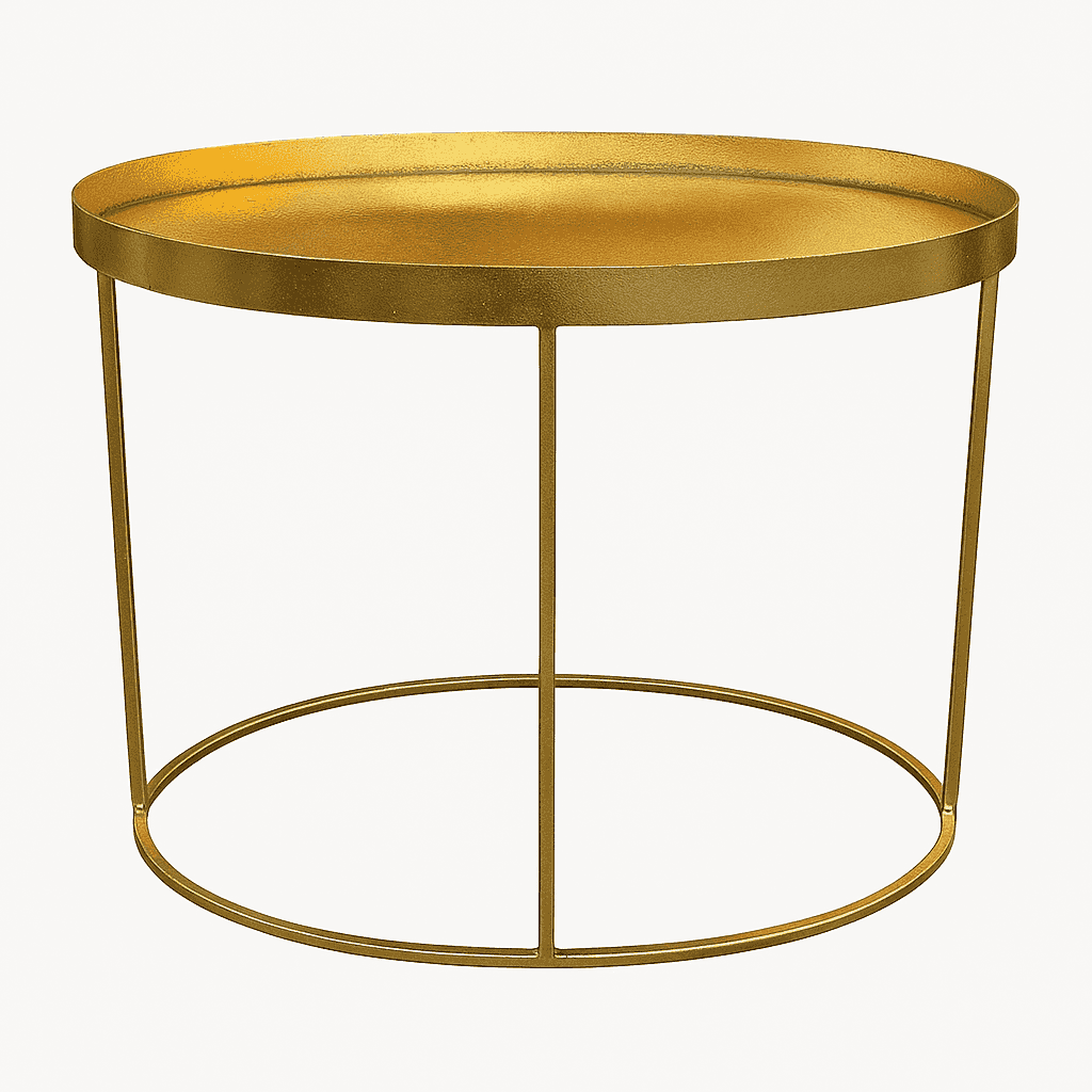 small gilt metal side table, perfect end table in a living room, next to a sofa,