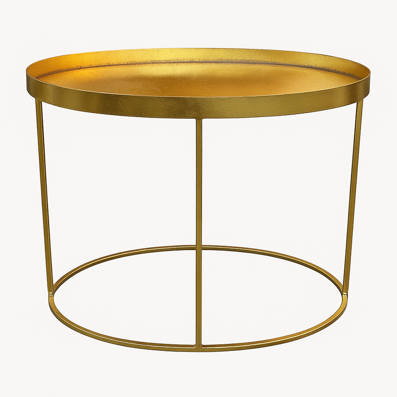 small gilt metal side table, perfect end table in a living room, next to a sofa,
