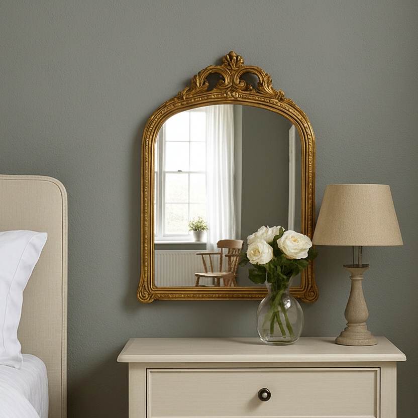 Small arched overmantle mirror with an ornate antique gold frame and decorative top cresting.