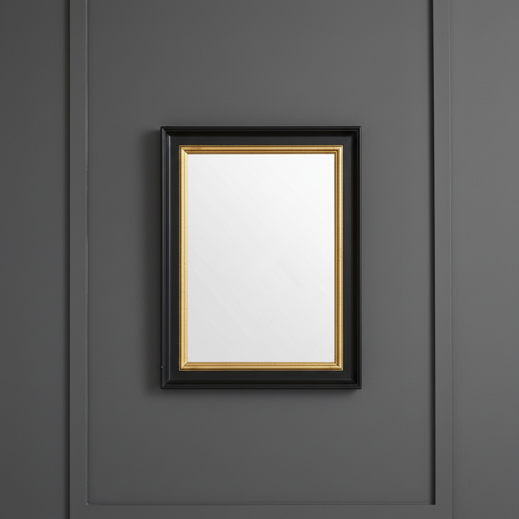 The simple, black and gold 40cmx30cm rectangular mirror, perfect for a smaller room on a plain background.
