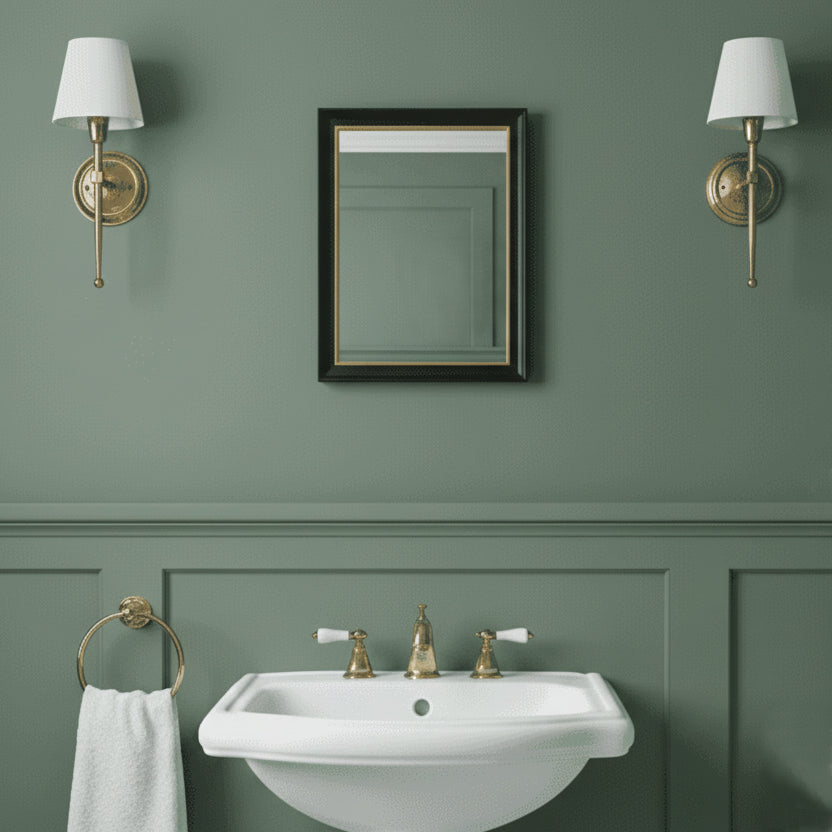 The simple, black and gold 40cmx30cm rectangular mirror, perfect for a smaller room, in a bathroom