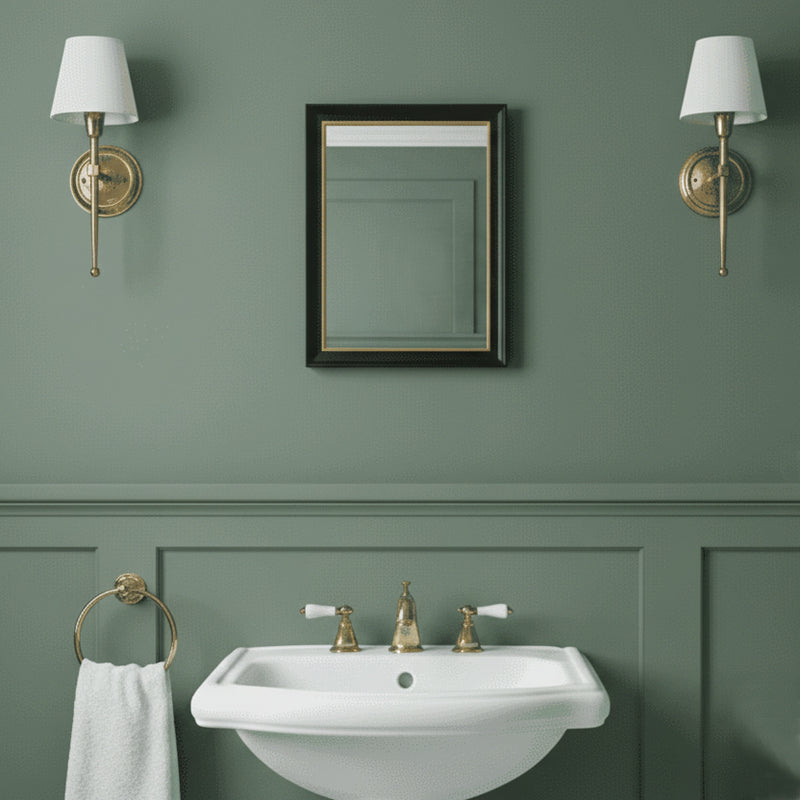 The simple, black and gold 40cmx30cm rectangular mirror, perfect for a smaller room, in a bathroom