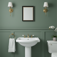 Small black and gold mirror above a sink in a small powder room against a sage green wall.