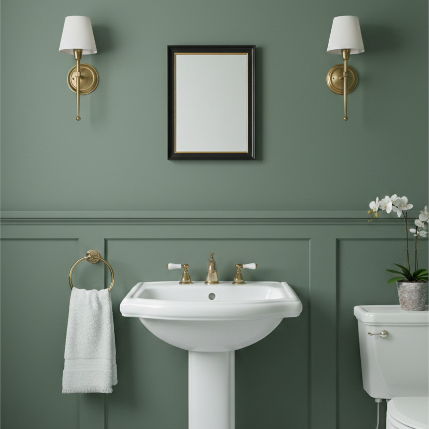 Small black and gold mirror above a sink in a small powder room against a sage green wall.