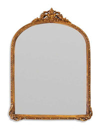 Perfect small cloakroom, hall or ditting room mirror. Small arched overmantle mirror with an ornate antique gold frame and decorative top cresting.