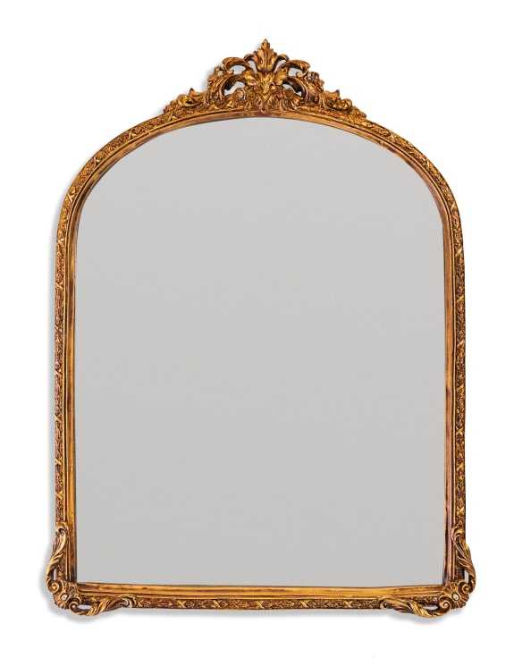 Perfect small cloakroom, hall or ditting room mirror. Small arched overmantle mirror with an ornate antique gold frame and decorative top cresting.