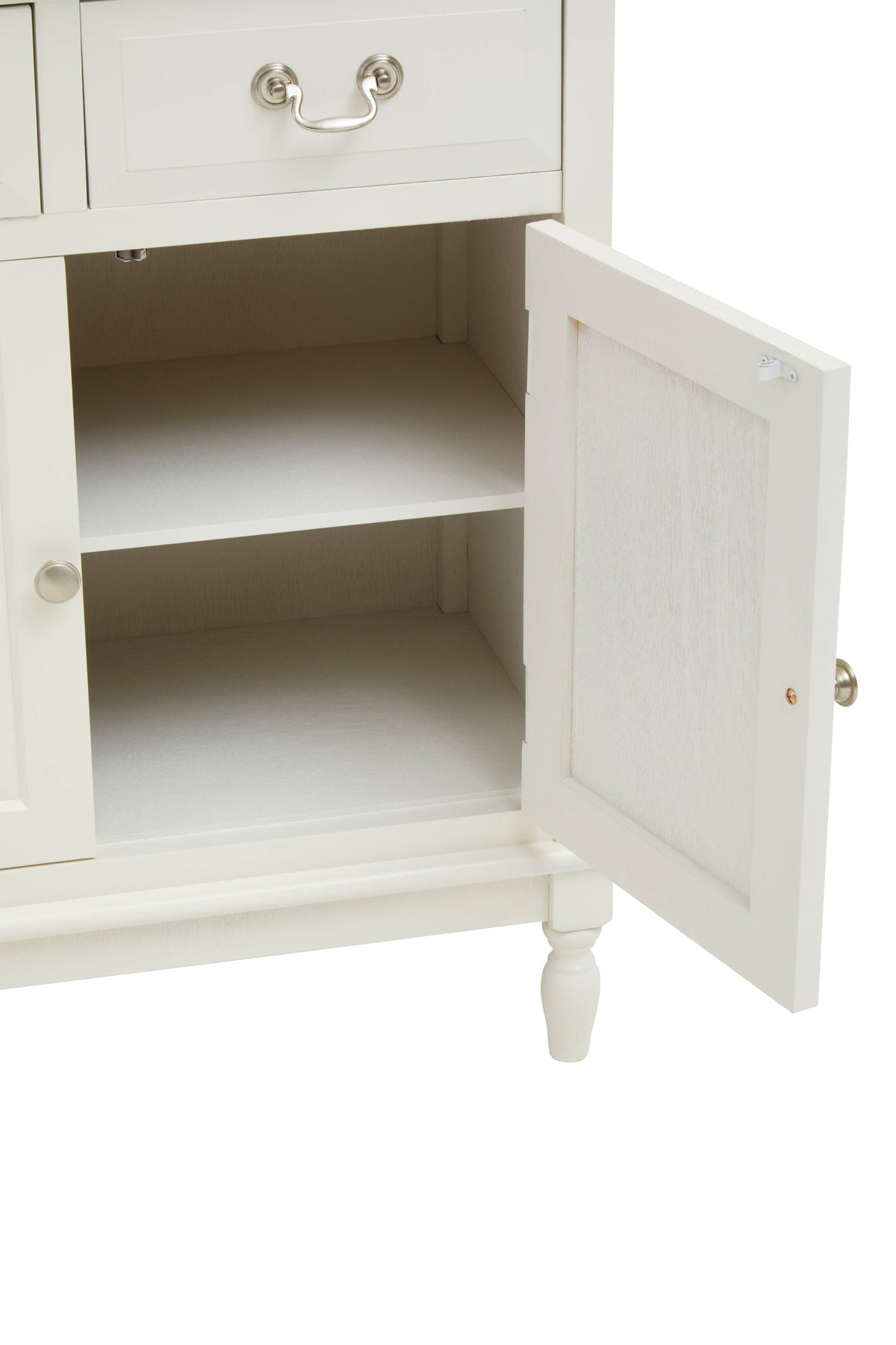 A small size cabinet designed with small spaces in mind. This piece of furniture is a good storage solution for narrow spaces. At only 35cm deep and 66cm wide, this is compact piece is ideal for alcove nooks, small spaces between doors and windows and for any space which requires surface area to project as little as possible without compromising on internal storage space. Painted in a soft white, there is one fixed internal shelf and two draws finished in a traditional beveling with quality