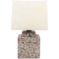 A delicate fauna and flora sage green and red ceramic lamp base with a white linen shade.&nbsp; Small enough to use as bedside lamps or as a small side lamp where your space will be transformed into a cosy area.&nbsp; The white linen shades diffuses ample light on this ceramic lamp and you can choose from our recommended bulbs below to get the colour temperature right for your room. We have a wide range of ceramic lamps on our site for your to choose from, all colours and sizes.