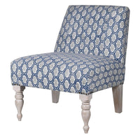 A blue and grey paisley cotton fabric chair with limewashed turned legs. A really pretty occasional chair which will pop in any interior. The colour would work in most modern and period himes, to brighten a corner in a bedroom or living room where extra seating is always a bonus. 