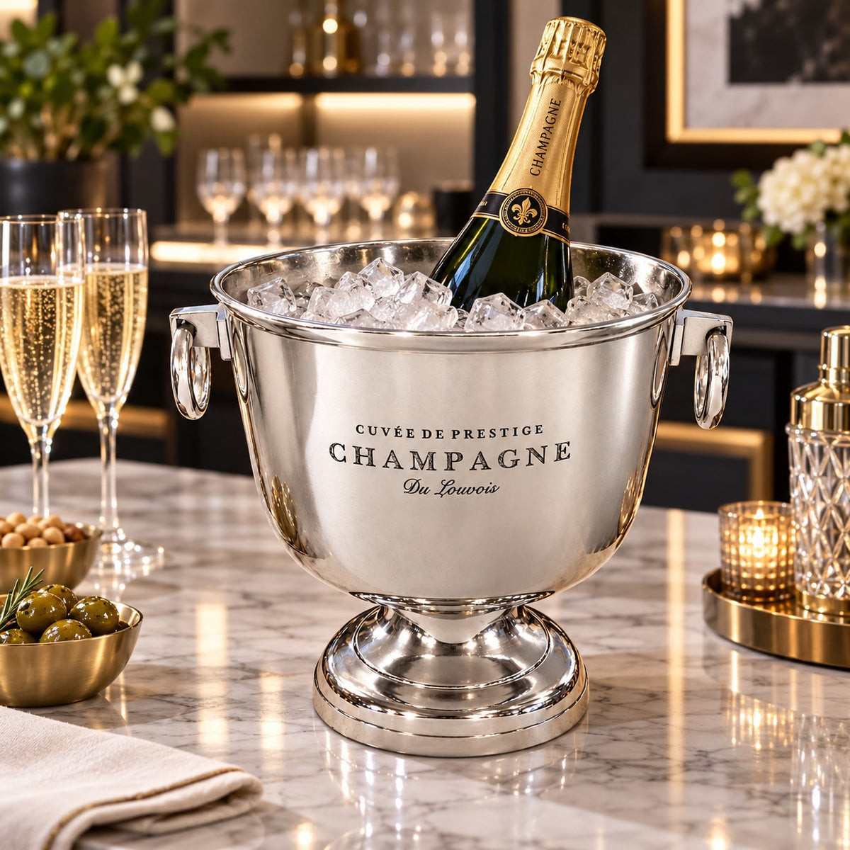 Small round polished silver champagne cooler with two decorative ring handles and a raised pedestal base on a contemporary bar.