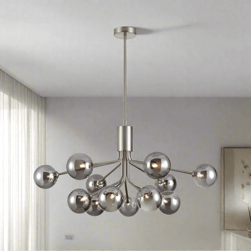 A 12 globe light on a satin nickel frame, large statement light spreading a glow over your room. 