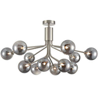 Smoked glass 12 globe chandelier on a satin nickel frame with adjustable height rods