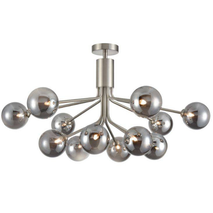 Smoked glass 12 globe chandelier on a satin nickel frame with adjustable height rods