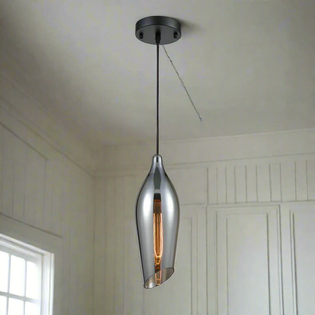 Long Smoked angled cut glass Aerial pendant, stunning asymmetric design to this contemporary pendant. Jeweled colours adding glamour to kitchen islands to dining rooms.