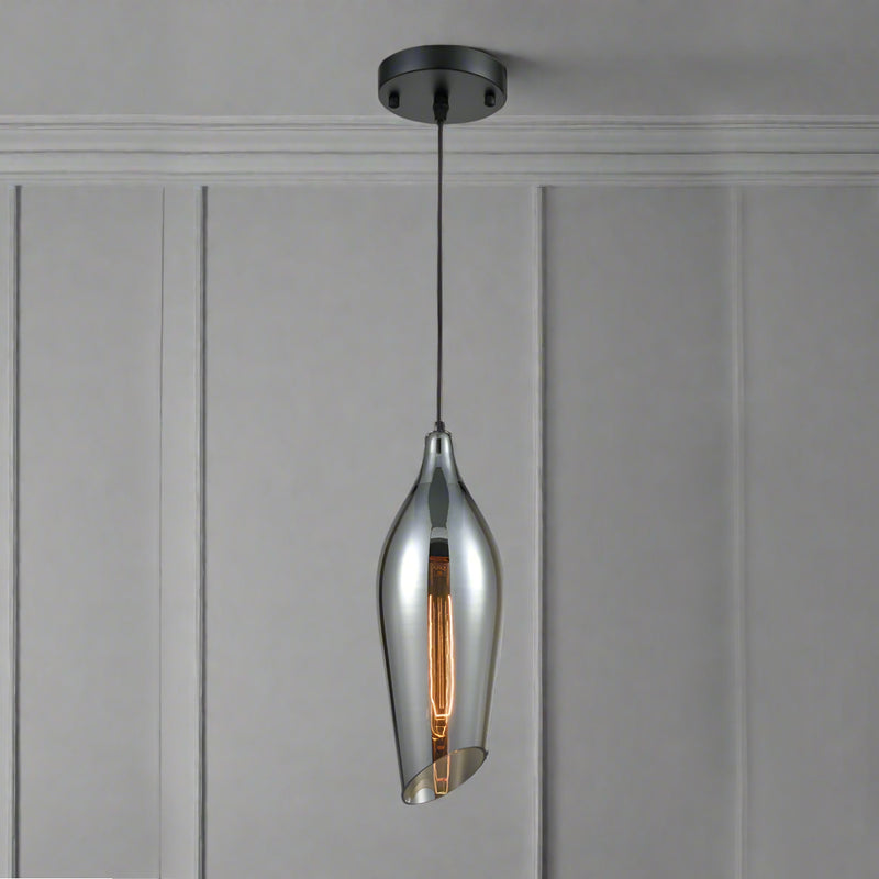 Long Smoked angled cut glass Aerial pendant, stunning asymmetric design to this contemporary pendant. Jeweled colours adding glamour to kitchen islands to dining rooms.